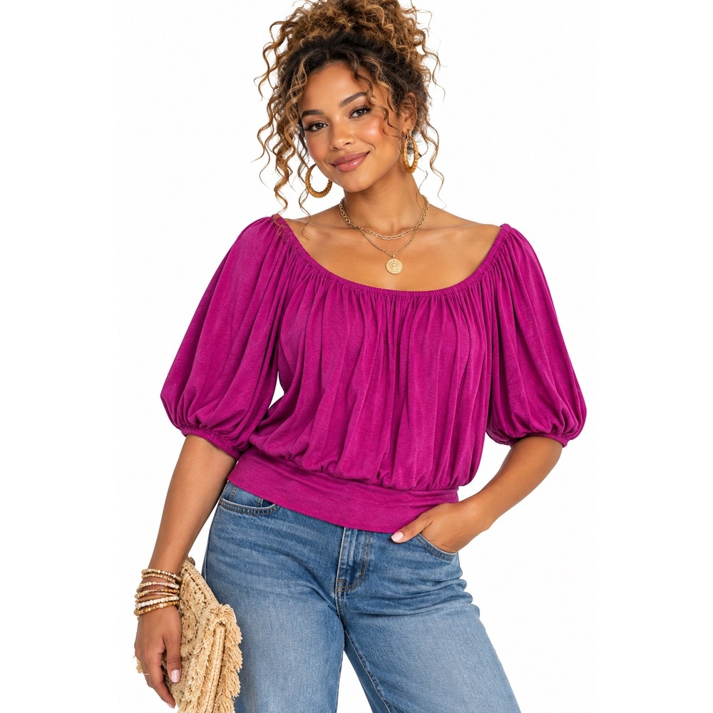 Bebe Magenta Pink Puff Sleeve Off the Shoulder Ruched Blouse Small USA Made